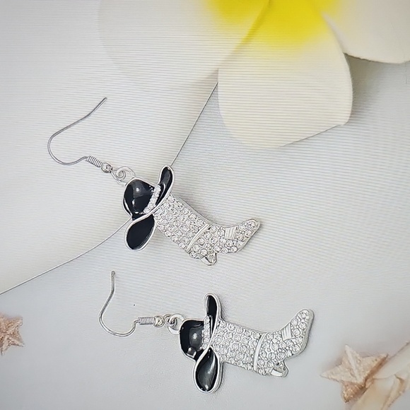 NWT Buer Elegant Boot & Hat Rhinestone Cowboy Earrings Silver & Black 2" X 1" - Picture 3 of 6